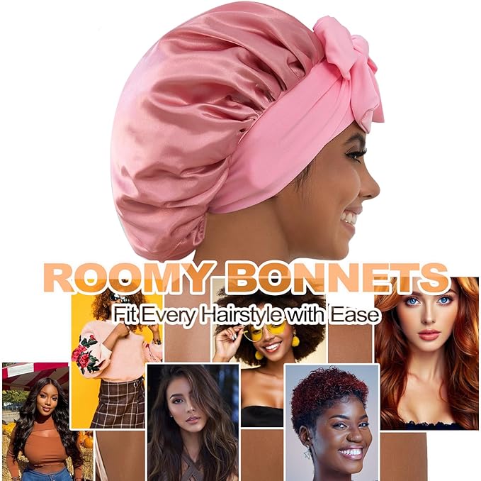 GDTOGRT Satin Silk Bonnet for Sleeping Women,Double Layer Sleep Hair Bonnets Caps for Curly Natural Hair with Tie Band - Pink