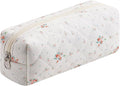 HHQQWZ Cute Floral Cotton Makeup Brush Cosmetic Bag for Women, Travel Quilted Zipper Make Up Bag, Flowers Toiletry Organizer Case Kawaii Makeup Cosmetic Travel Cloth Pouch (White Small Flower)