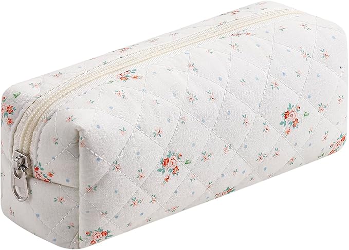 HHQQWZ Cute Floral Cotton Makeup Brush Cosmetic Bag for Women, Travel Quilted Zipper Make Up Bag, Flowers Toiletry Organizer Case Kawaii Makeup Cosmetic Travel Cloth Pouch (White Small Flower)