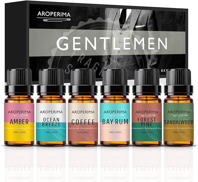AROPERIMA Gentlemen Fragrance Essential Oil Set - Sandalwood, Forest Pine, Bay Rum, Ocean Breeze, Coffee, Amber 6x10ML for Diffusers, Aromatherapy, Massage, Perfume, Soap Making and Candle