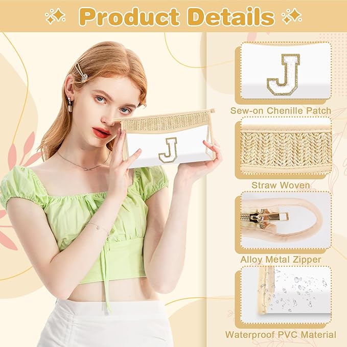 UIXIZQ Personalized Initial Letter Bag Boho Straw Clear Makeup Bag,Small Cute Chenille Varsity Letter Pouch With Zipper,Beach Travel Toiletry,Portable Monogrammed Cosmetic Bag for Women Girls,J