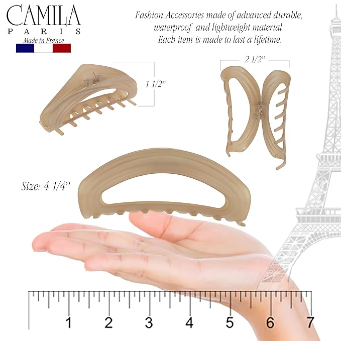 Camila Paris CP3527 French Hair Clips for Women, 4" Beige, Large Claw Clip Strong Hold All Day, No Damage No Slip Claw Clips for Thick Curly Wavy Fine Straight Hair, Jaw Clip Made in France