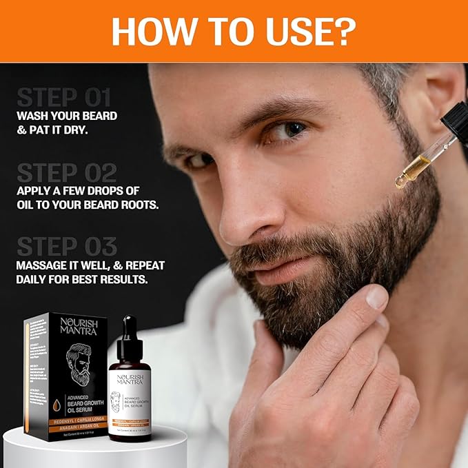 NOURISH MANTRA - Advanced Beard Growth Oil Serum | Made with Redensyl, Capilia Longa, Argan Oil, Vitamin E and Jojoba Oil for Fuller, Thicker & Healthier Beard Growth | Beard Oil Serum For Men | 30 ml
