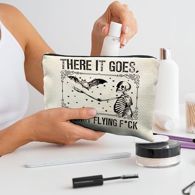 RYYCDOI Halloween Makeup Bag, Goth Skeleton & Bat Design, White, Waterproof Linen Cosmetic Bag for Women
