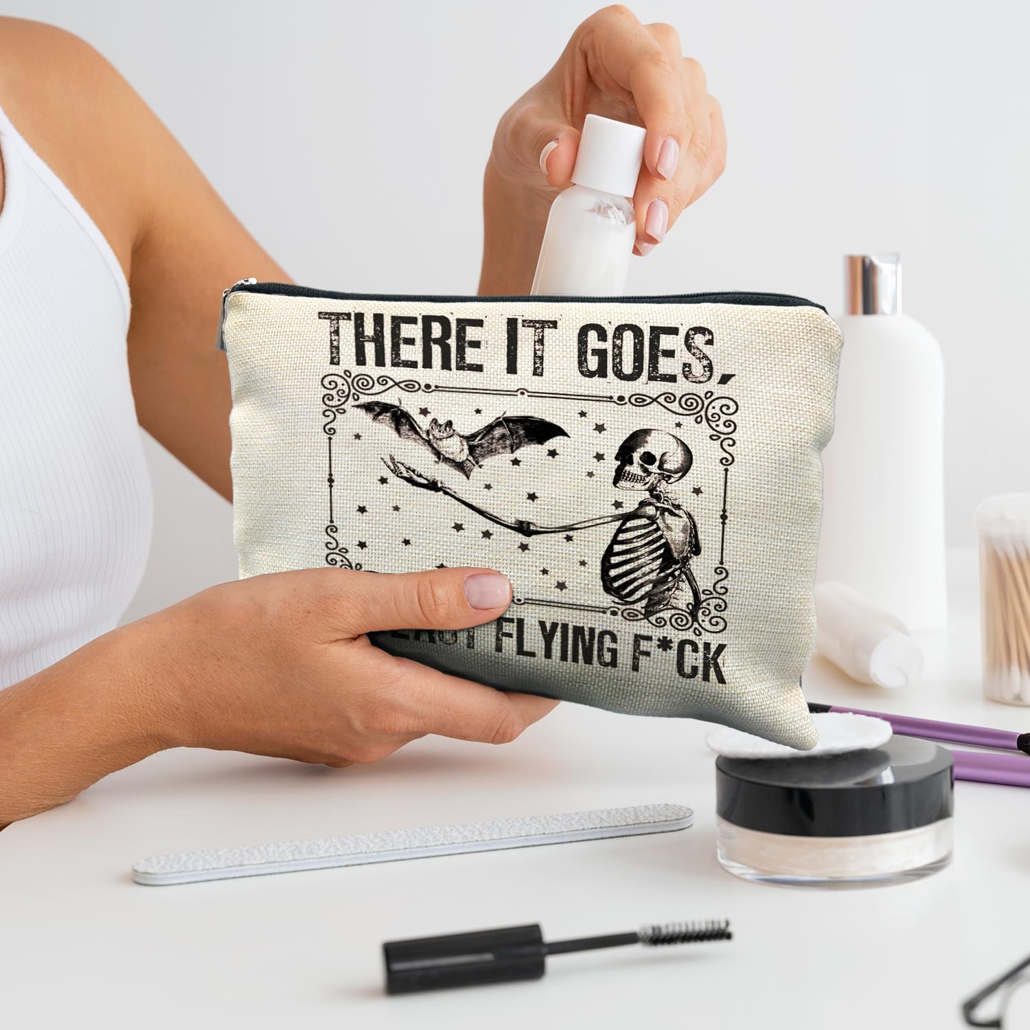 RYYCDOI Halloween Makeup Bag, Goth Skeleton & Bat Design, White, Waterproof Linen Cosmetic Bag for Women