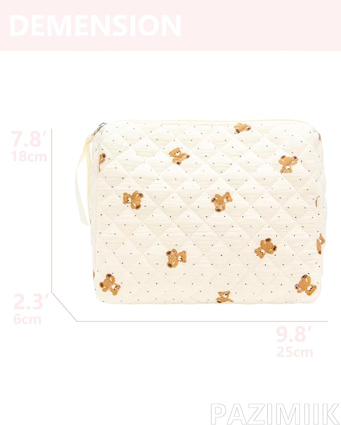 Quilted Makeup Pouch for Women, Travel Cosmetic&Toiletry Bag,Gauze Bear