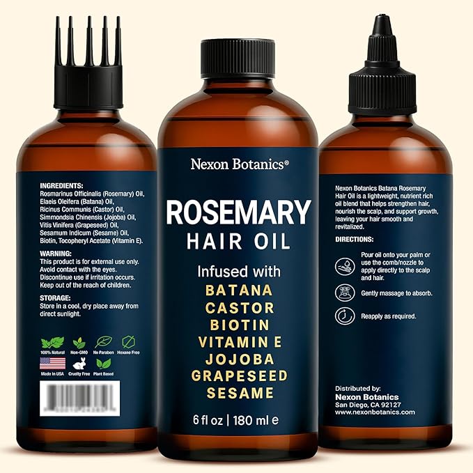 Batana Rosemary Oil for Hair Growth 6 fl oz - Lightweight Scalp Oil for Dry, Damaged Hair & Frizz Control - Aceite de Romero Para el Cabello - Nexon Botanics