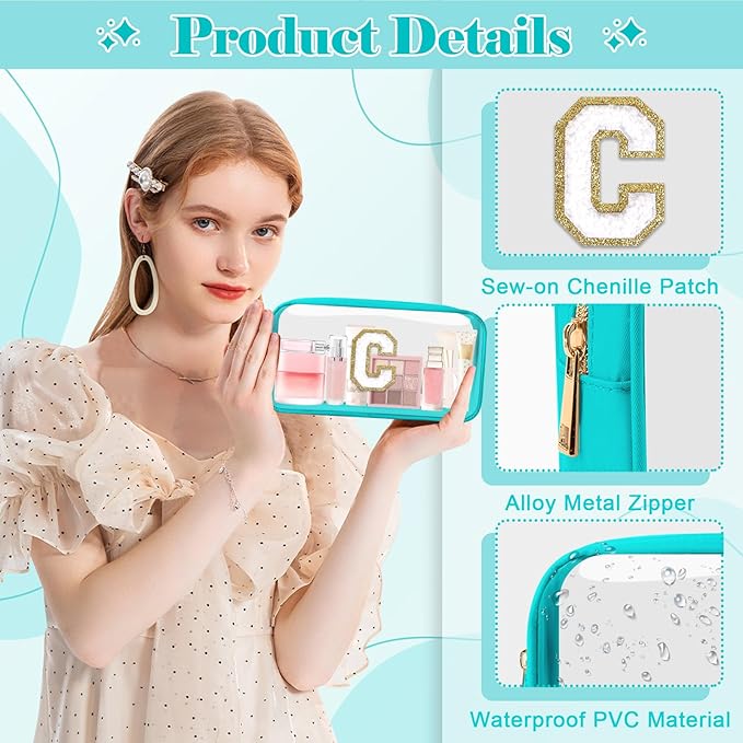 Personalized Initial Letter Clear Makeup Bag,Preppy Small Nylon&PVC Cosmetic Zipper Bag with Chenille Letter,Portable Beach Travel Skincare Toiletry Bag,Trendy Monogram Gift for Teen Girls Women,C