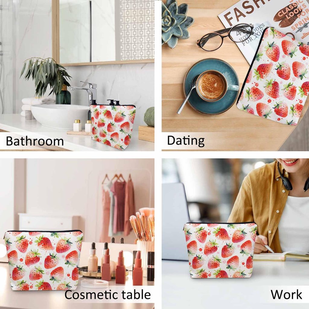 Kalygon Strawberry Cosmetic Travel Bag For Toiletries, Summer Fruits Strawberry Red Makeup Bag Toiletry Bags For Women, Flax Cosmetic Bags Make Up Bag Purse Toiletries Bag Birthday Gift