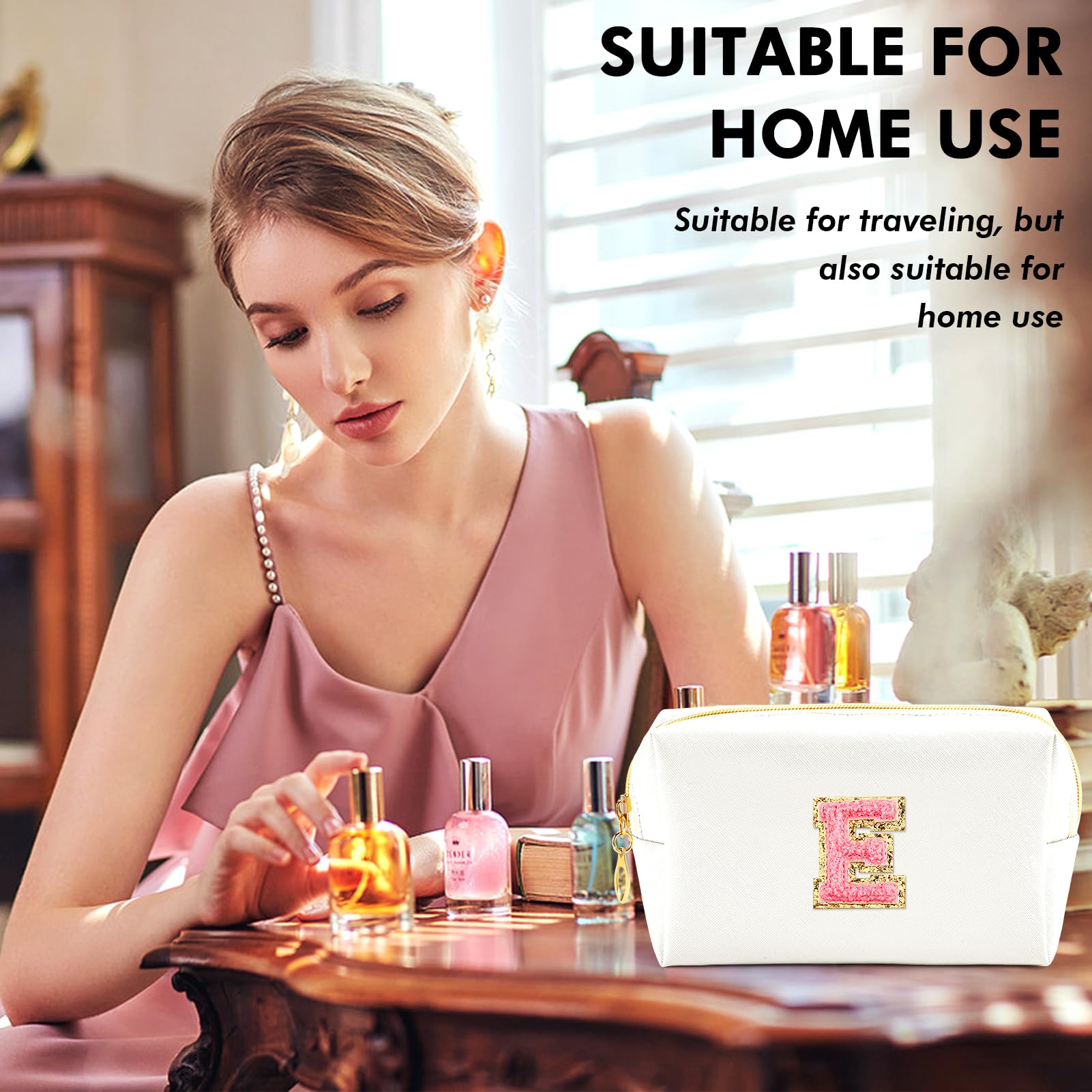 URSKYTOUS Initial Makeup Bag Personalized Preppy Travel Small Cosmetic Bag Cute PU White Chenille Letter Makeup Pouch for Purse Waterproof Zippered Toiletry Organizer for Women Girls Kids Friends (E)