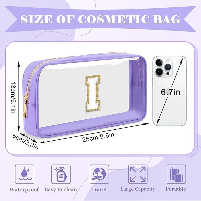 UIXIZQ Personalized Initial Letter Clear Makeup Bag,Preppy Small Nylon&PVC Cosmetic Zipper Bag with Chenille Letter,Travel Skincare Toiletry Bag,Monogram Christmas Gift for Teen Girls Women,I