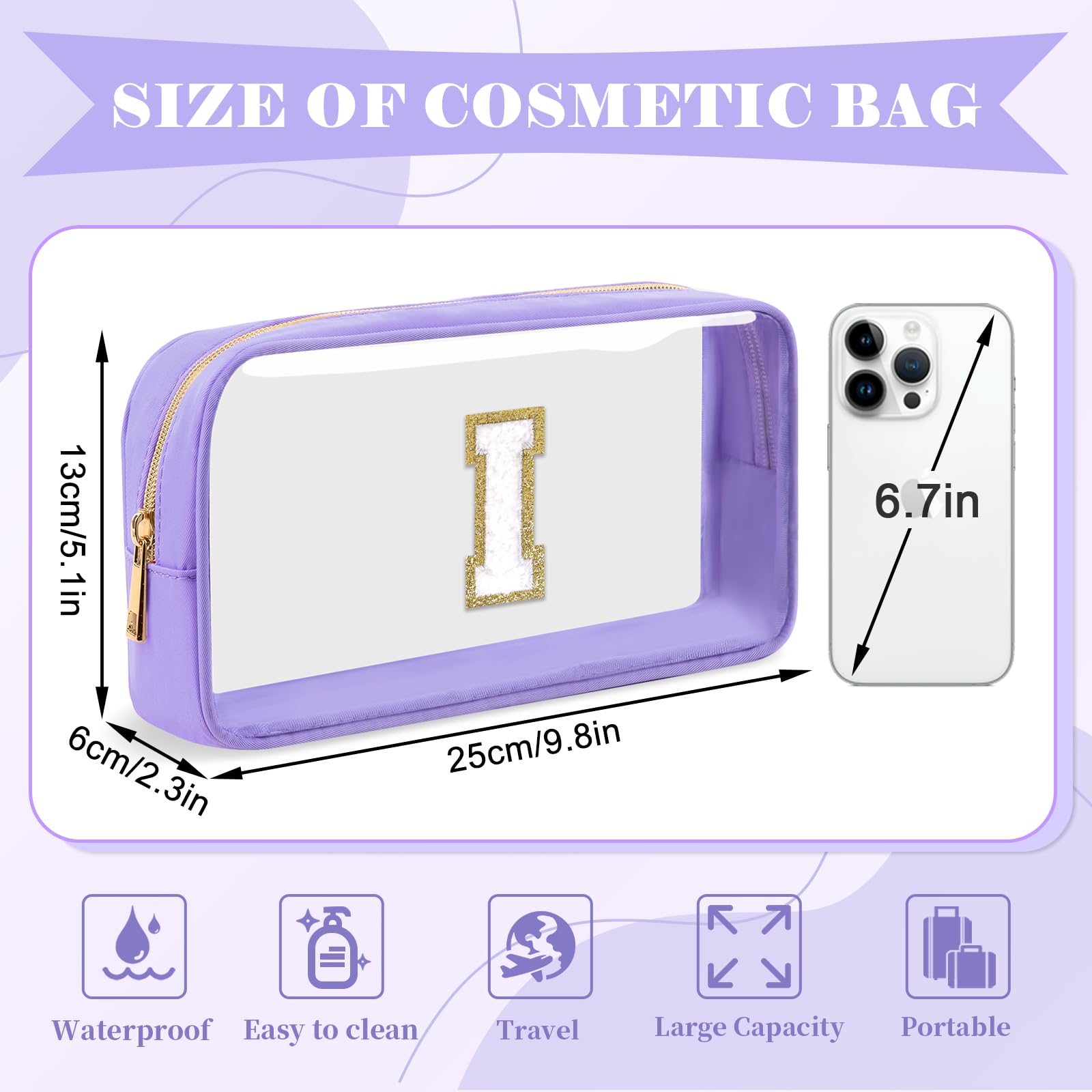 UIXIZQ Personalized Initial Letter Clear Makeup Bag,Preppy Small Nylon&PVC Cosmetic Zipper Bag with Chenille Letter,Travel Skincare Toiletry Bag,Monogram Christmas Gift for Teen Girls Women,I