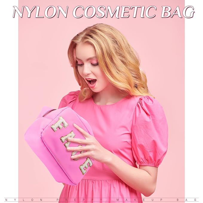 Remerry 4 Pcs Nylon Makeup Bags Waterproof Spacious Travel Cosmetic Bag for Women Chenille Letter Preppy Zipper Pouch Face Stuff Skin Hair Organizer Gift(Rose Red, Pink, Light Pink, White)