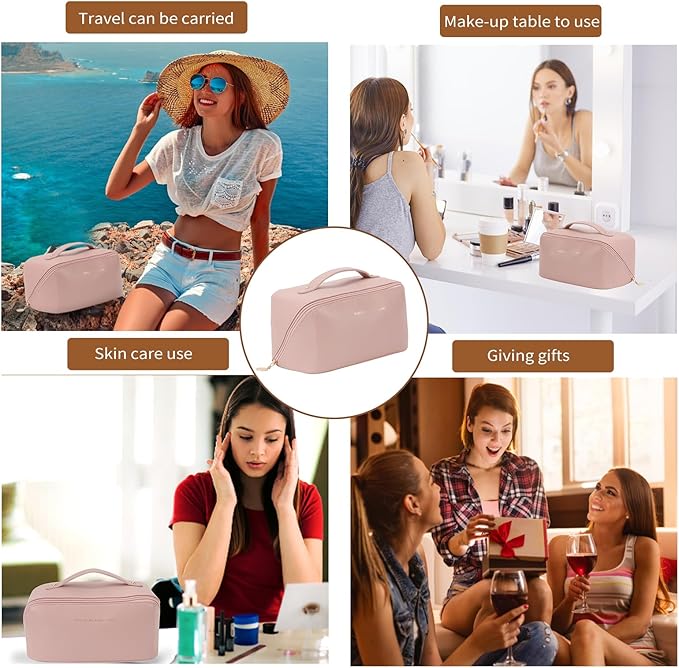 zaleeta 3 Pcs Travel Makeup Bag Portable Large Capacity Cosmetic Bags for Women Open Flat Makeup Case Organizer Bag Set of 3 Waterproof PU Leather Toiletry Bags with Divider and Handle (Pink, Medium)