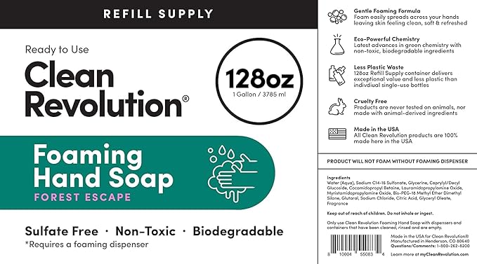 Clean Revolution Foaming Hand Soap Refill with Real Essential Oils, Moisturizing Sulfate-Free Hand Soap, Ready-to-Use Foam Soap Refill for Kitchen & Bathroom (Forest Escape, 128oz)