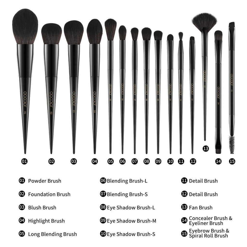 Docolor Makeup Brushes 15Pcs Obsidian Makeup Brush Set Premium Synthetic Powder Kabuki Foundation Contour Blush Concealer Eye Shadow Blending Eyeliner Crease Eyebrow Make Up Brush Kit