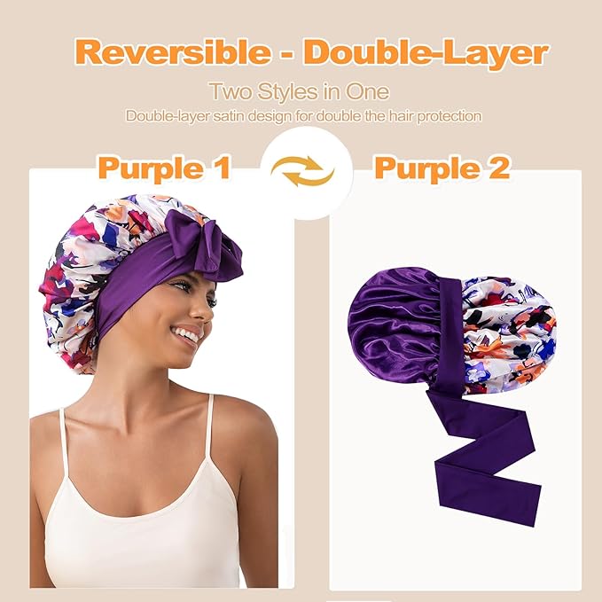 GDTOGRT Satin Silk Bonnet for Sleeping Women, Double Layer Sleep Hair Bonnets Caps for Curly Natural Hair with Tie Band - Purple-Mix