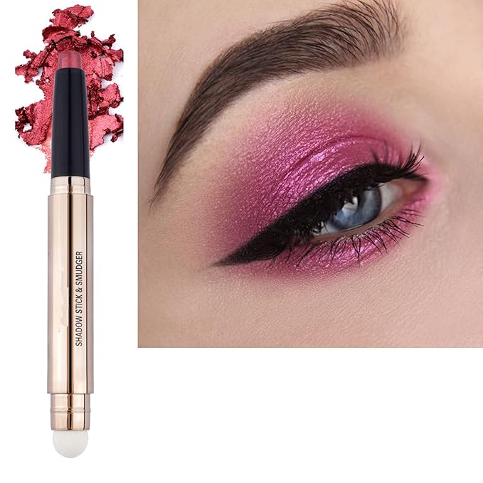 Metiplou Rose Red Eyeshadow Stick 2 in 1 Eye Makeup Cream Glitter Shimmer Smooth Matte Palette Single Primer Eyeshadow Pencil, Hypoallergenic Waterproof Long Lasting Eye Shadow Stick