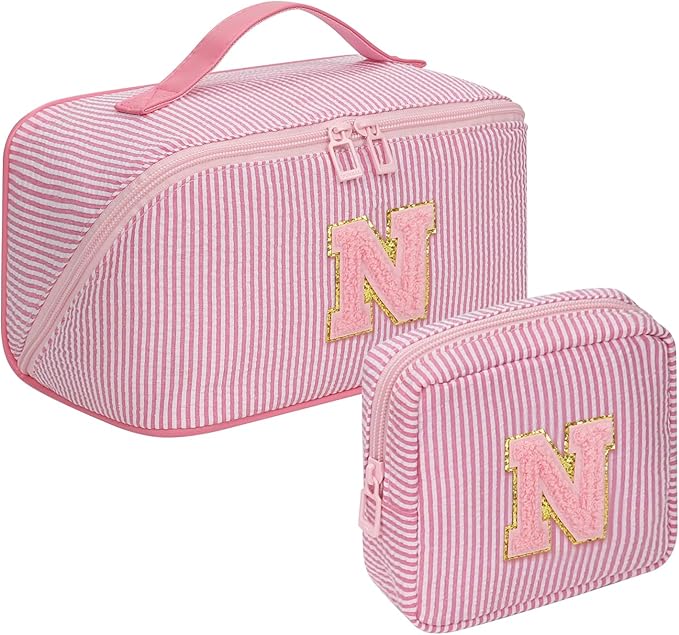 2026 Graduation Gifts - Travel Makeup Bag for Women, 2Pcs Portable Personalized Initial Makeup Organizer Bag, Open Flat Large Cosmetic Bag With Travel Essential Pouch (Pink Letter N)