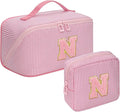 2026 Graduation Gifts - Travel Makeup Bag for Women, 2Pcs Portable Personalized Initial Makeup Organizer Bag, Open Flat Large Cosmetic Bag With Travel Essential Pouch (Pink Letter N)