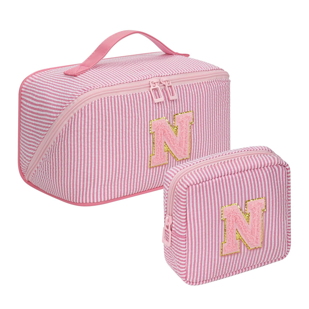2026 Graduation Gifts - Travel Makeup Bag for Women, 2Pcs Portable Personalized Initial Makeup Organizer Bag, Open Flat Large Cosmetic Bag With Travel Essential Pouch (Pink Letter N)