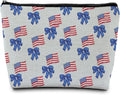 SAFDSGFDB Coquette Blue Bow American Flag Makeup Bag, Red White and Blue Patriotic Cosmetic Bags Gifts for Women, Preppy Girly Portable Travel Toiletry Bag Zipper Makeup Pouch