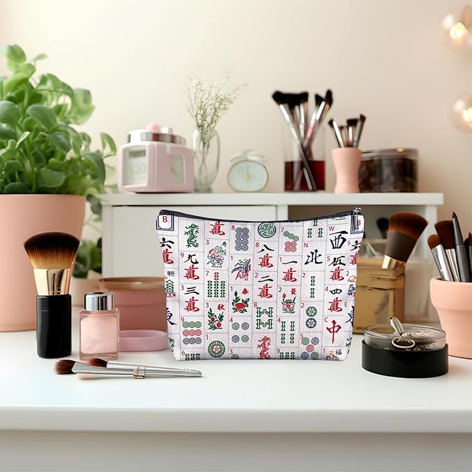 Zomhix Chinoiserie Chinese Mahjong Tiles Makeup Bag, Mahjong Gifts Cosmetic Bags for Women, Gifts for Mah Jong Players Lovers Makeup Zipper Pouch