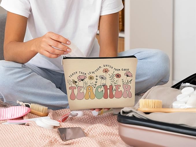 BARPERY Teacher Appreciation Gifts, Thank You Teacher Gift Vintage Wildflowers Floral Cosmetic Bag, 60s 70s Groovy Retro Floral Cosmetic Bag for Women