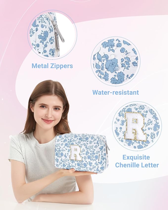 Narwey Birthday Gifts for Teen Girls Kids Women Personalized Initial Floral Makeup Bag Cute Cosmetic Trendy Stuff 6 8 10 11 12 13 14 16 18 Years Old Travel Toiletry Bag (Little Blue Flower R)