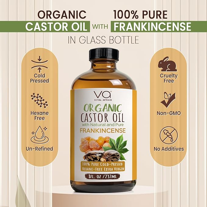 Organic Castor Oil with Frankincense Oil 8oz Glass Bottle For Face & Hair
