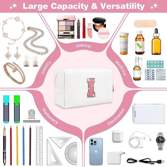 Small Initial Patch Makeup Bag Personalized Gifts Make Up Bag,White Cute PU Leather Glitter Letter Cosmetic Bag with Zipper,Trendy Portable Travel Toiletry Pouch,Preppy Stuff for Teen Girls Women I