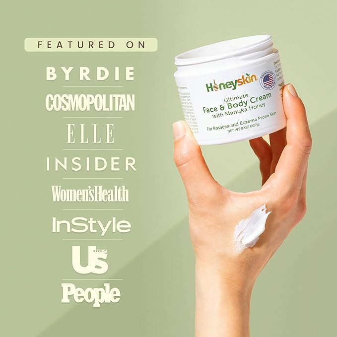 Honeyskin Ultimate Face & Body Cream with Manuka Honey MGO 514+ - Organic Hydrating Moisturizer for Extremely Dry, Sensitive Skin - Soothing Cream for Dry, Itchy & Flaky Skin 8oz