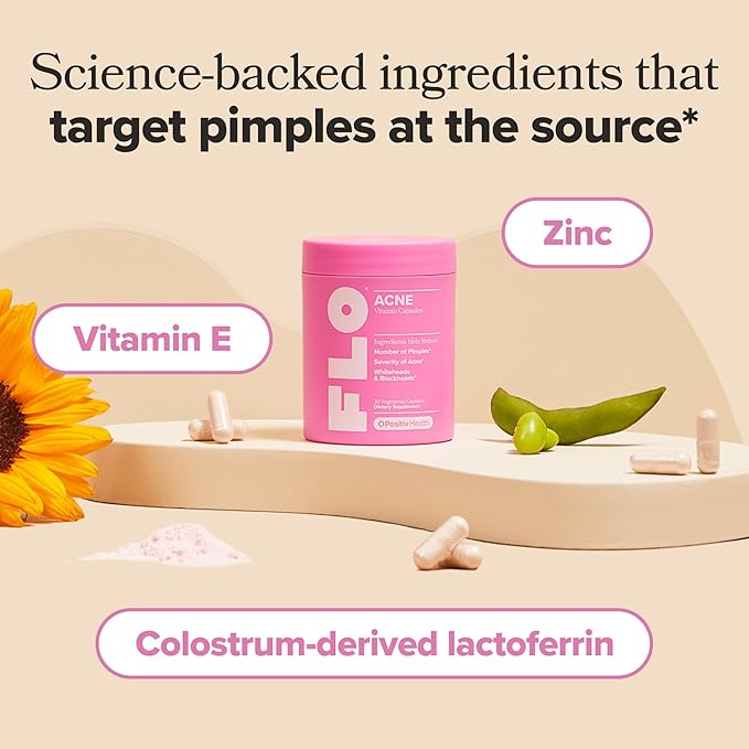 O Positiv FLO Acne Capsules – Supports Clearer, Healthier-Looking Skin for Face, Back & Body – Colostrum-Derived Lactoferrin, Zinc and Vitamin E – 30 Servings