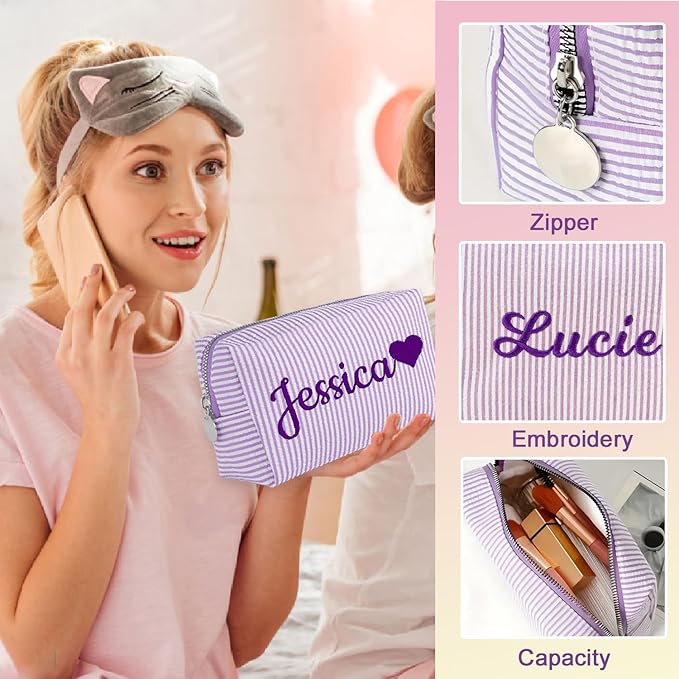 Ajiangwu Personalized Makeup Bag with Embroidered Name&Birth Flower for Bridesmaid Gifts,Custom Small Travel Cosmetic Bag Toiletry Bag Wedding Gifts for Bride