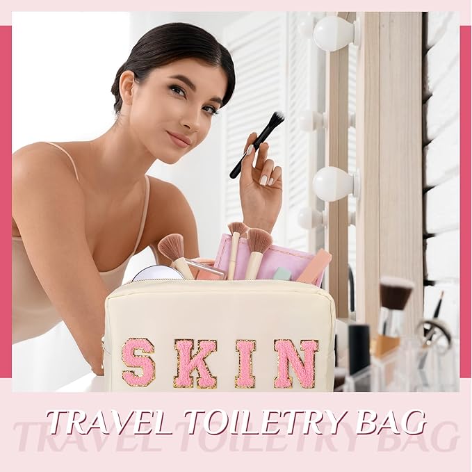 Remerry 4 Pcs Nylon Makeup Bags Waterproof Spacious Travel Cosmetic Bag for Women Chenille Letter Preppy Zipper Pouch Face Stuff Skin Hair Organizer Gift(Rose Red, Pink, Light Pink, White)