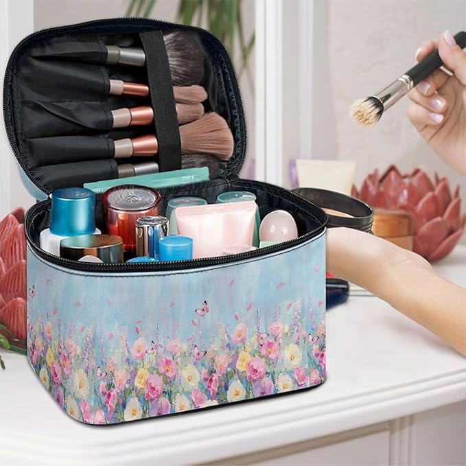 Drydeepin Butterfly Vibrant Rose Floral Print Travel Makeup Bags for Women Portable Tote Cosmetic Case with Carry Handle Toiletry Accessories Storage Organizer Bags