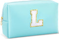 URSKYTOUS Gifts for Girls Initial Makeup Bag Personalized Cosmetic Bag with Zipper Cute Travel Toiletry Bag Waterproof PU Preppy Makeup Pouch Birthday Gift for Teen Girls Women(Blue L)