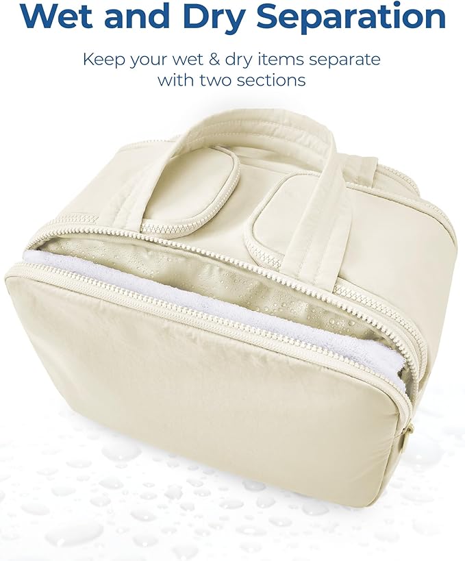 BAGSMART Travel Toiletry Bag, Crush Toiletry Bag for Women, Wide-open Puffy Toiletry Bags for Traveling, Large Travel Cosmetic Makeup Bag Organizer for Accessories,Toiletrie, Beige