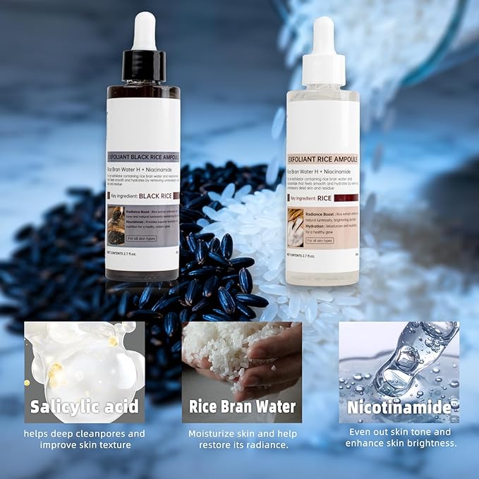 2 PCS Peel Shot Glow Rice Ampoule Duo Black Rice Exfoliant&White Rice Exfoliant Gentle Facial Body Exfoliant for All Skin Types Rice Peeling Shot to Brighten Smooth Rice Exfoliant 2.7 Fl oz/80ml each