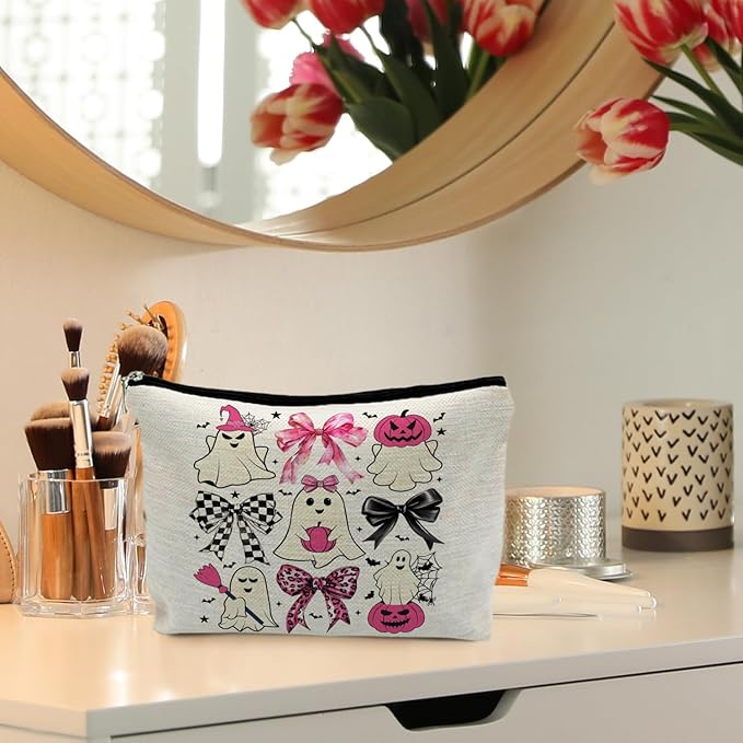 RYYCDOI Coquette Bow Ghost Cosmetic Bags: Cute Halloween Gifts for Women, Horror & Spooky Makeup Bags