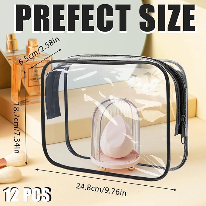 Eilyliafe 12 Pcs Clear Cosmetic Bag PVC Waterproof Zippered Clear Toiletry Carry Pouch Cosmetic Makeup Bag for Women Men Vinyl Plastic Organizer Case for Vacation Bathroom (Large, Black)