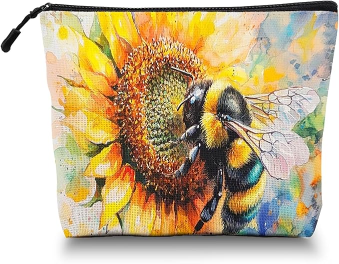 Scribesense Cosmetic Bags Travel Makeup Toilet Case Waterproof Pouch for Women Girls 6.7X9.45inches - Bee on A Sunflower in Watercolor Painting
