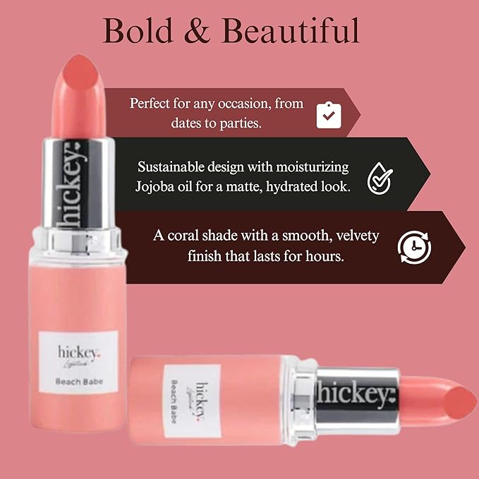 Hickey Lipstick White Limited Edition Set, Skinny Dip (Pink) & Beach Babe (Coral), Refillable Case with Silver Chain (Wearable Necklace), Hydrating, Long Lasting Lipstick for Women, Gluten-Free, Vegan