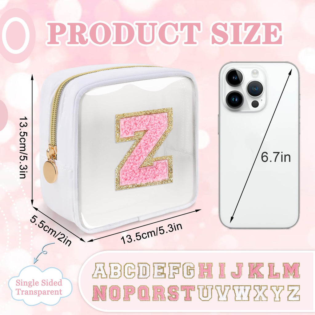 Iqimott Mini Clear Personalized Initial Makeup Bag, Small Preppy A-Z Chenille Letter Patch Cosmetic Pouch, Transparent PVC & Nylon Waterproof Zip Beach Toiletry Bag,Gift for Women Girls(White-Pink Z)