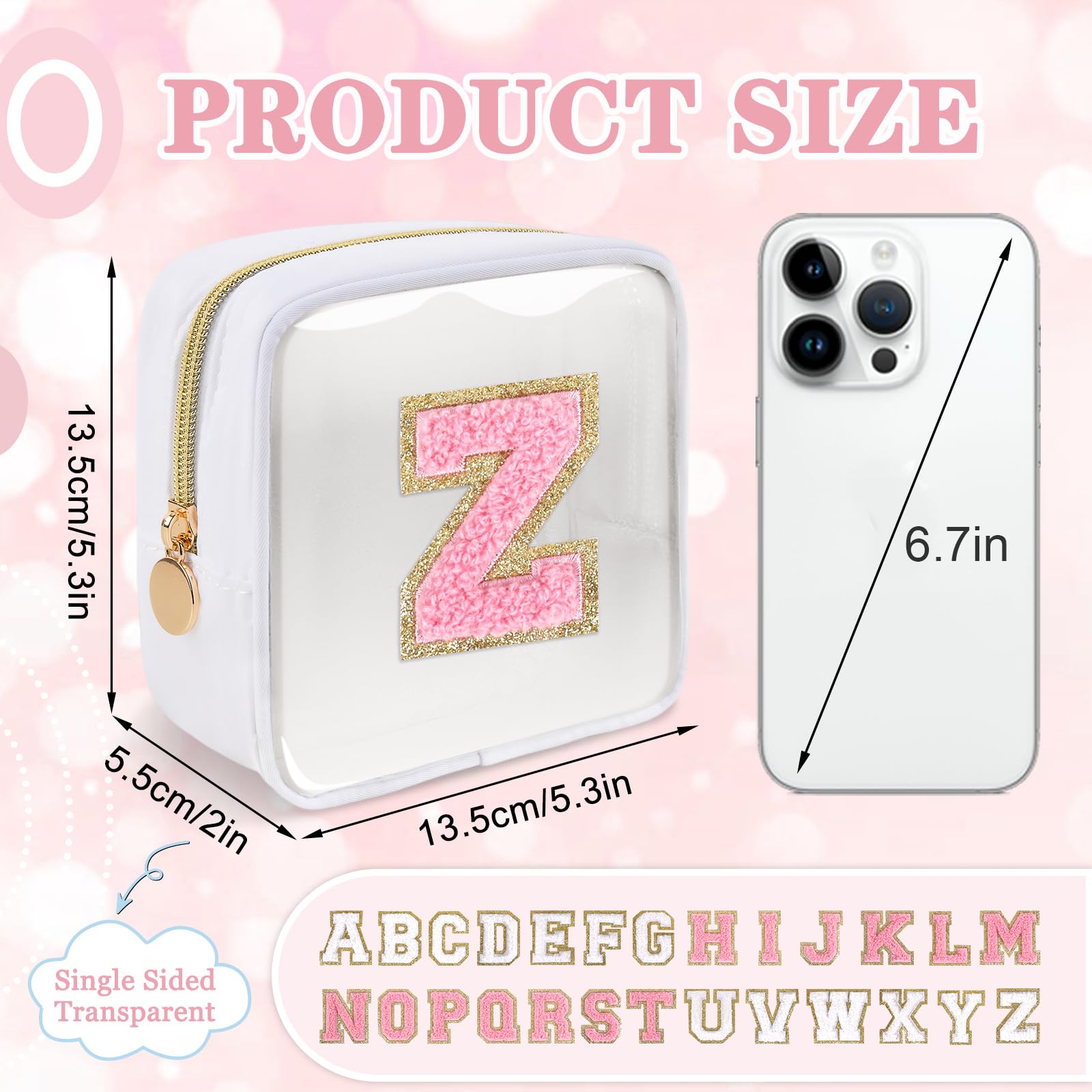 Iqimott Mini Clear Personalized Initial Makeup Bag, Small Preppy A-Z Chenille Letter Patch Cosmetic Pouch, Transparent PVC & Nylon Waterproof Zip Beach Toiletry Bag,Gift for Women Girls(White-Pink Z)