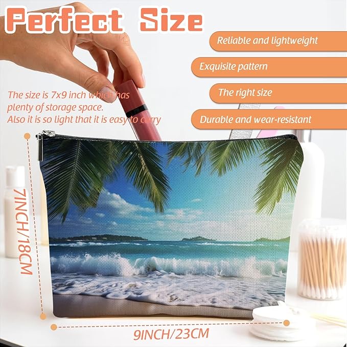 Scribesense Makeup Bag Travel Cosmetic Bags Small Makeup Case Waterproof Zipper Pouch for Women Girls 7X9inches - Tropical Beach Scenery with Palm Trees