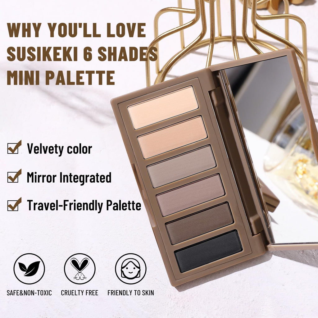 SUSIKEKI 6 Colors Mini Eyeshadow Makeup Palette Neutral Nude Smoky Eye Shadow Taupe & Brown Matte Make Up Pallet with Mirror Highly Pigmented Long Lasting Waterproof Travel Size Gift Kit 01