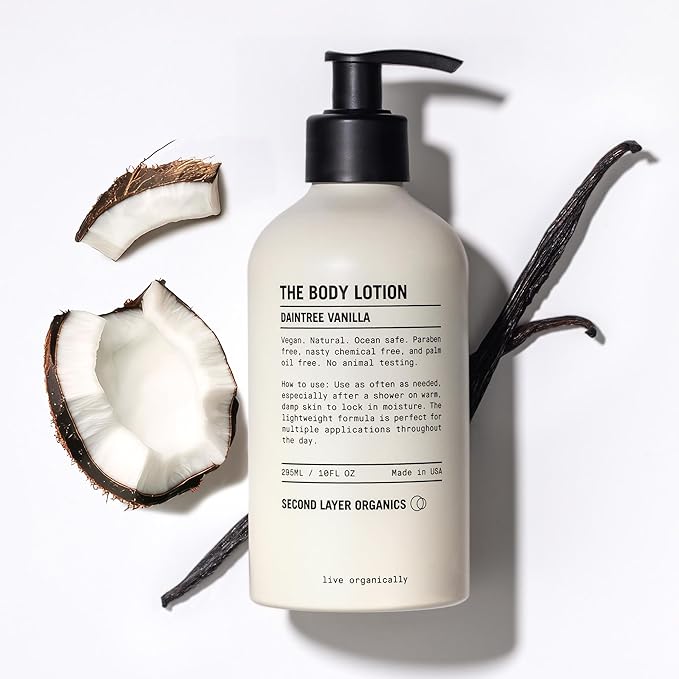 Second Layer Organics Daintree Vanilla Body Lotion | Deep Hydration with Organic Shea, Aloe & Coconut | Fast-Absorbing, Non-Greasy, Vegan Moisturizer for All Skin Types.