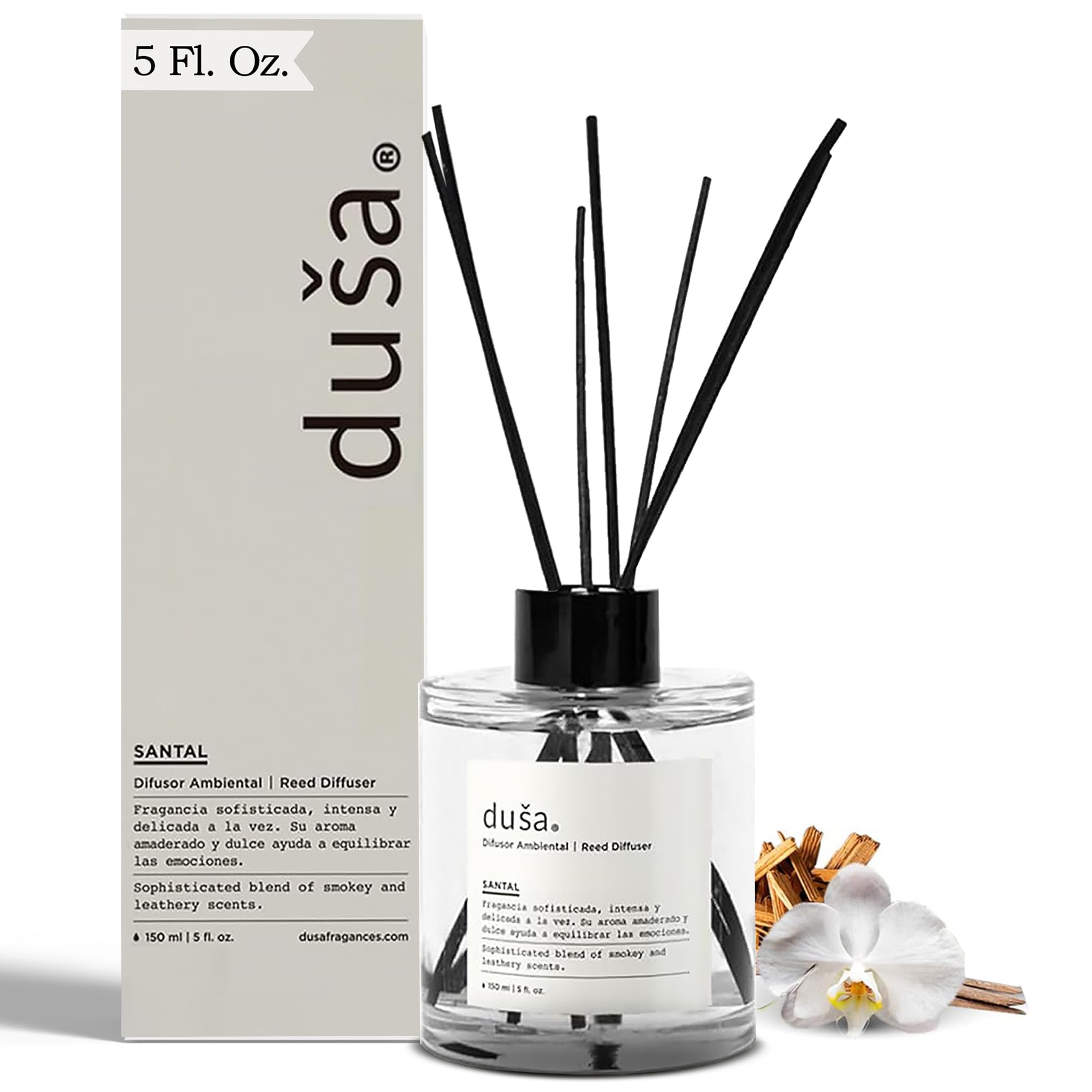 Duša Santal Reed Diffuser & Sticks - 5 Fl Oz Essential Home Fragrance Decor for Bathroom, Office & Living Spaces – Stylish & Long-Lasting Room Air Freshener -Ideal for Housewarming & Special Occasions