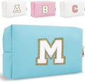 HENGNI Small Personalized Letter Makeup Bag, Cute PU Leather Chenille Letters Cosmetic Bag Travel Makeup Pouch, Preppy Travel Organizer Zipper Pouch for Women&Girls（Blue-M）